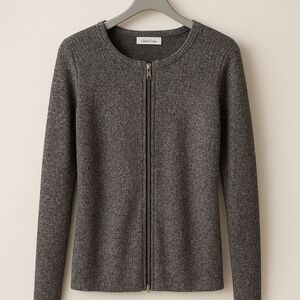 Calvin Klein Sweater Women's Size Medium Gray Double Zip V-Neck Long Sleeve EUC